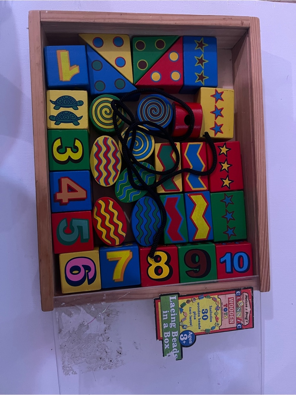 Melissa and Doug Used Wooden  Number & Shape Lacing Beads Toy - Multicolor